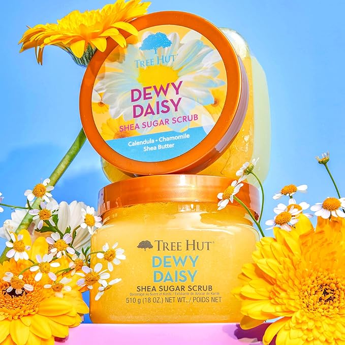 Tree Hut Dewy Daisy Shea Sugar Scrub, Exfoliating, Hydrating & Moisturizing Body Scrub with Shea Butter & Nourishing Essential Oils, Smooth & Soften Skin, 18 oz