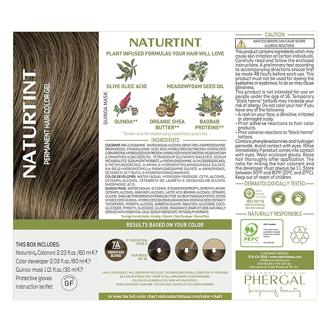 Naturtint 7A Medium Ash Blonde Permanent Hair Color (Pack of 1), Ammonia Free, Vegan, Cruelty Free, up to 100% Gray Coverage, Long Lasting Results (Packaging may vary)