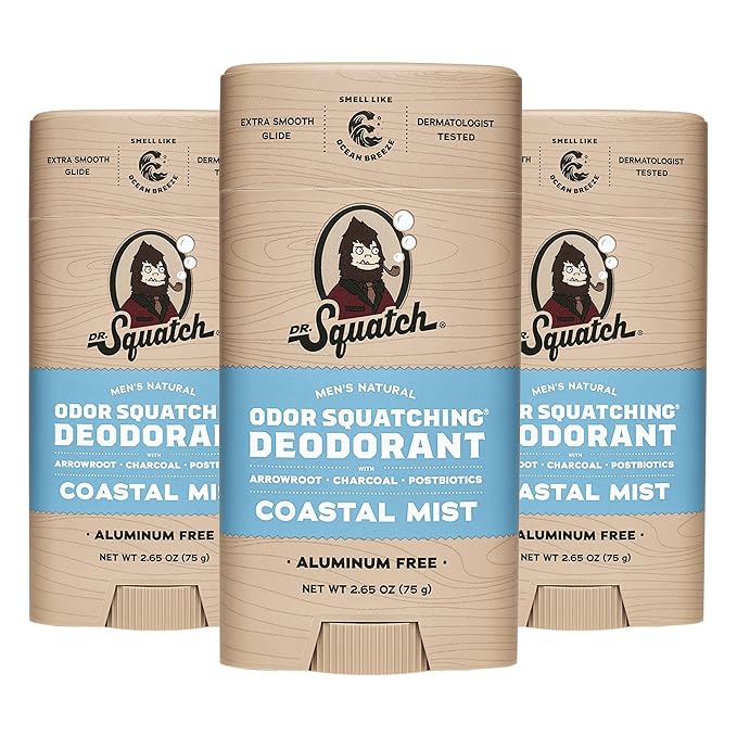 Dr. Squatch Natural Deodorant for Men - Odor-Squatching Aluminum Free - Coastal Mist (2.65 oz, 3-Pack)