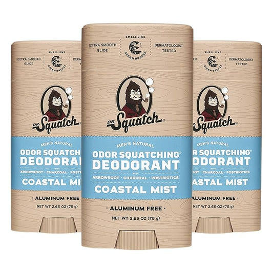 Dr. Squatch Natural Deodorant for Men - Odor-Squatching Aluminum Free - Coastal Mist (2.65 oz, 3-Pack)