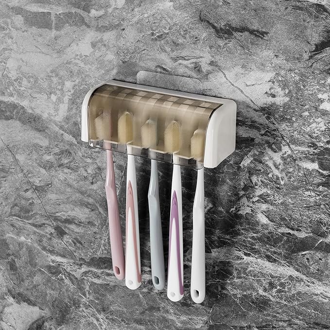 5 Slots Wall Mount Toothbrush Holder with Cover, Self Adhesive Toothbrush Storage Organizer for Shower, Toothbrush Hanger for Bathroom, Medicine Cabinet, Dorm(White + Grey)
