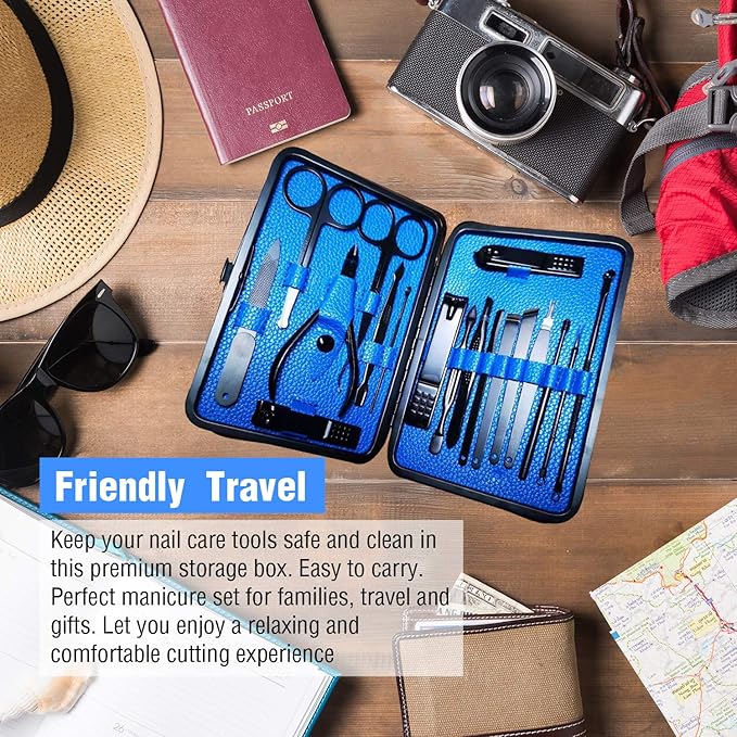 Manicure Pedicure Kit Nail Clippers Set 18 in 1 High Precision Stainless Steel Cutter File Sharp Scissors for Men & Women Fingernails & Toenails Vibrissac Scissors with Stylish Case (Blue_18in1)