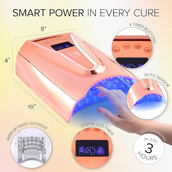M - Crystal Cure 128W UV Nail Lamp - Fast Curing Nail Light with 45 Powerful 365nm+405nm LEDs - Cordless, Rechargeable, Auto Sensor - UV Light for Gel Nails for Manicures & Pedicures (Rose Gold)