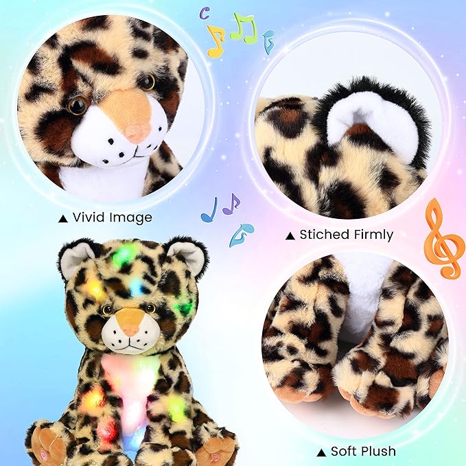 Hopearl LED Musical Plush Leopard Lighting Up Cheetah Stuffed Animal Panther Floppy Night Lights Glow in The Dark Birthday Festival for Kids Toddlers Boys, 11''
