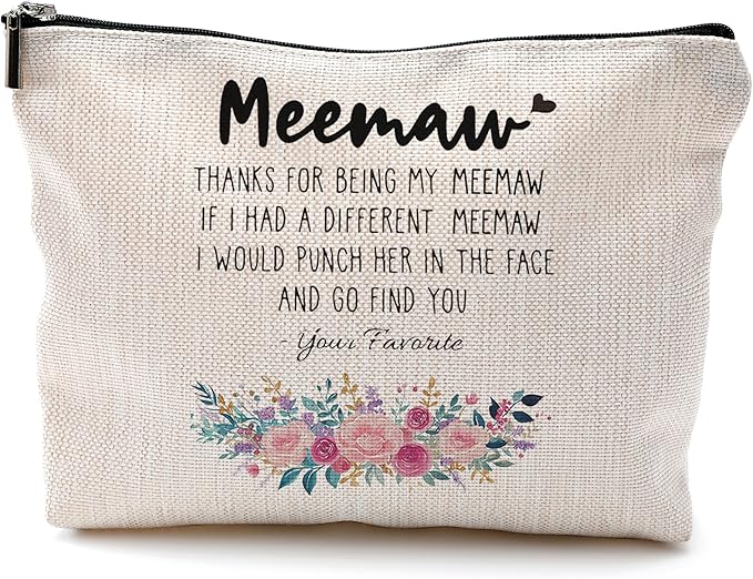 Funny Meemaw Gifts Makeup Cosmetic Bag - Memaw Mothers Day Gift, Memaw Grandma Gifts from Grandkids, Memaw Birthday Gifts, Best Grandma Gifts, Meemaw Floral Small Makeup Bag for Purse