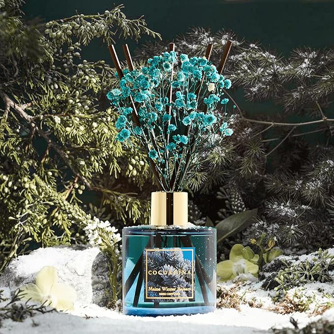 COCORRÍNA Reed Diffuser - Maine Winter Balsam Reed Diffuser Set with 8 Sticks & Preserved Baby's Breath, Reed Diffuser for Home Bathroom Shelf Decor