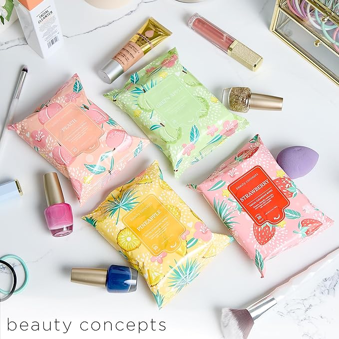 Beauty Concepts Facial Wipe Set - Packs of Face Wipes, Makeup Removing Wipes, Peach, Pineapple, Green Apple, Strawberry