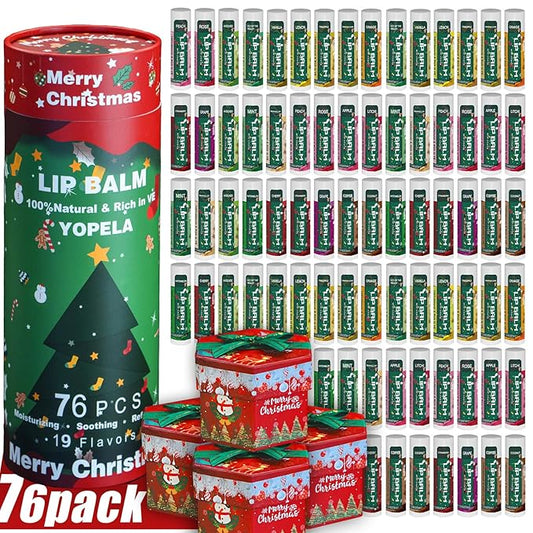 Yopela 76 Pack Christmas Natural Lip Balm Bulk with Vitamin E and Coconut Oil Lip Care Set - Moisturizing, Soothing, and Repairing Dry and Chapped Lips - 19 Flavors - Non-GMO
