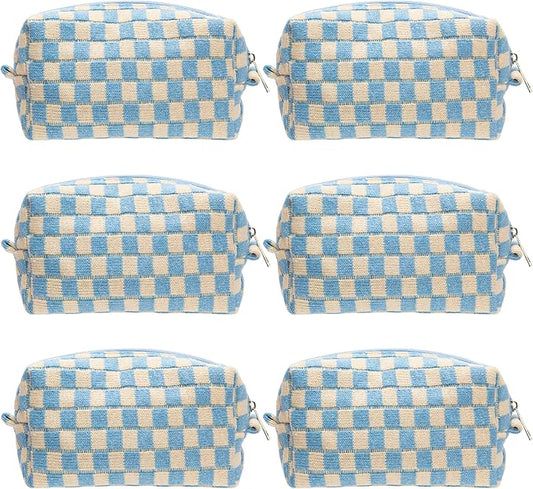 PAZIMIIK 6PCS Checkered Makeup Bag for Purse Portable Zipper Make Up Pouch Small Cosmetic Case for Travel Accessories Blue Beige