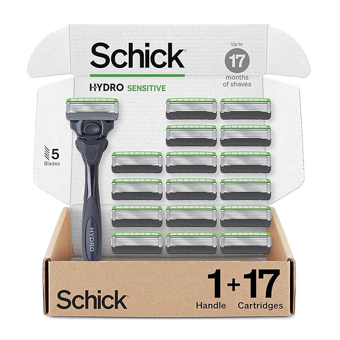 Schick Hydro Sensitive Razors for Men | 5-Blade Mens Razors for Shaving, 1 Mens Razor Handle with 17 Razor Blades Refills