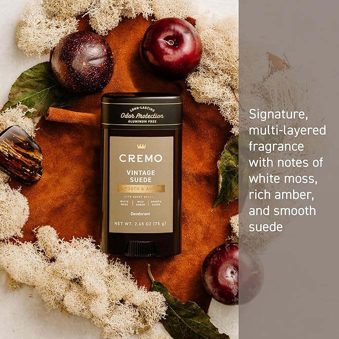 Cremo Vintage Suede Aluminum Free Deodorant for Men, 48-hour Long Lasting Odor Protection, 2.65oz