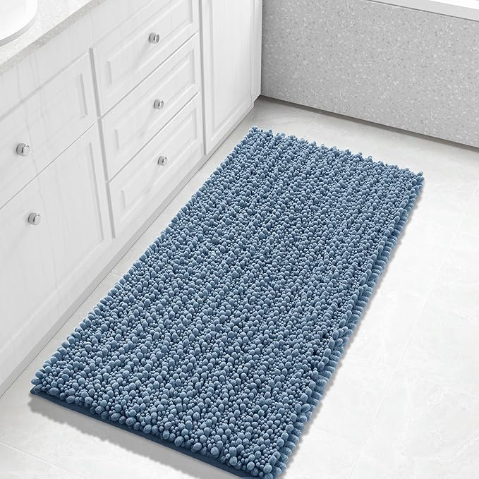 Yimobra Long Bathroom Rugs Non Slip Washable 44x24 Inch - Ultra Soft Absorbent Chenille Bath Mat, Quick Dry Shaggy Floor Carpet for Tub Shower, Denim Blue Home Decor Accessories