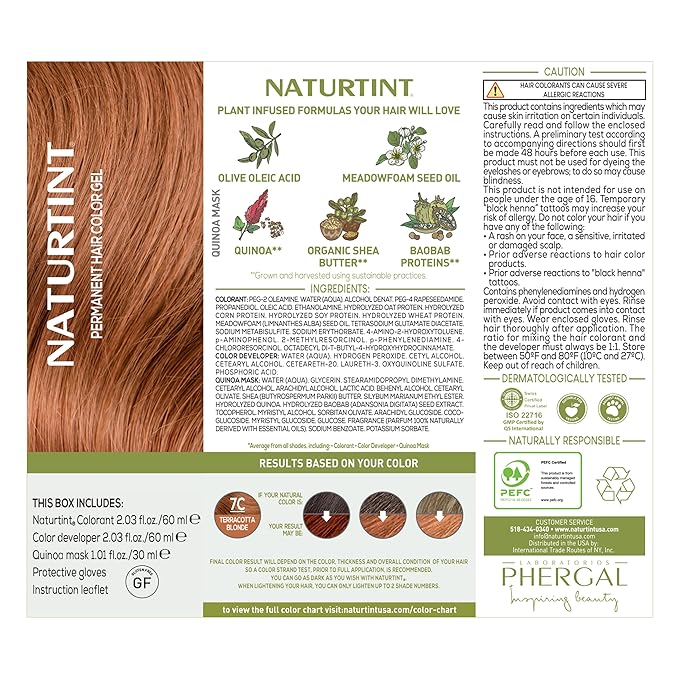 Naturtint 7C Terracotta Blonde Permanent Hair Color (Pack of 1), Ammonia Free, Vegan, Cruelty Free, up to 100% Gray Coverage, Long Lasting Results (Packaging may vary)