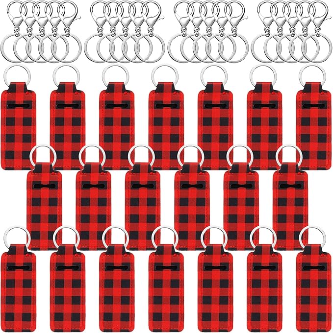 MTLEE 40 Buffalo Plaid Lipstick Holder Keychains Red and Black Lip Balm Sleeve Pouch Lipstick Holder Keychains with Metal Clip Cords Lip Balm Keychain Set for Women Girls Christmas Decoration