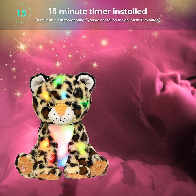 Hopearl LED Plush Leopard Lighting Up Stuffed Cheetah Jungle Wildlife Animal Floppy Night Lights Glow in The Dark Birthday Festival for Kids Toddler Boys, 11''