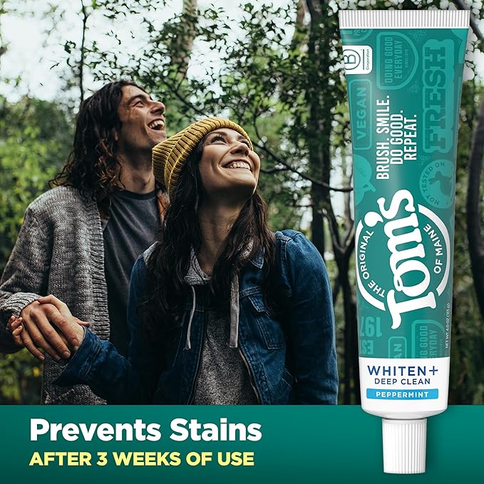 Tom's of Maine Whiten Plus Deep Clean Whitening Toothpaste, Natural Whitening Toothpaste with Plant-Based Cleansers, Enamel Safe, Whitens Without Causing Sensitivity, Peppermint, 4.0 oz (Pack of 3)