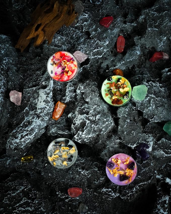 Tealight Soy Candles with Crystals and Herbs, Handmade Energy Candles, Aromatherapy Candles. (Mixed)