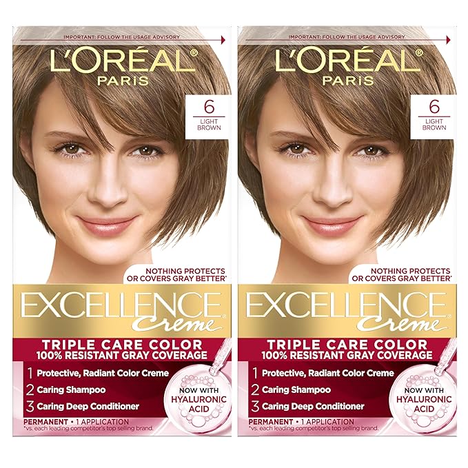 L'Oreal Paris Excellence Crème Permanent Hair Dye, Triple Care Hair Color with Pro-Keratine Complex for 100% Gray Hair Coverage, 6 Light Brown, 1 Kit (Pack of 2)