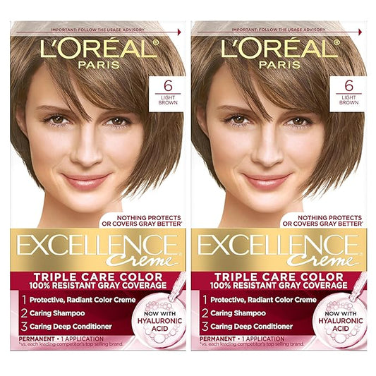 L'Oreal Paris Excellence Crème Permanent Hair Dye, Triple Care Hair Color with Pro-Keratine Complex for 100% Gray Hair Coverage, 6 Light Brown, 1 Kit (Pack of 2)