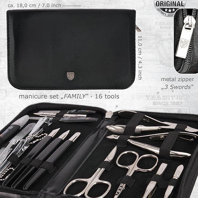 3 Swords Germany - brand quality 16 piece manicure pedicure grooming kit set for professional finger & toe nail care scissors clipper black synthetic leather case, Made in Germany