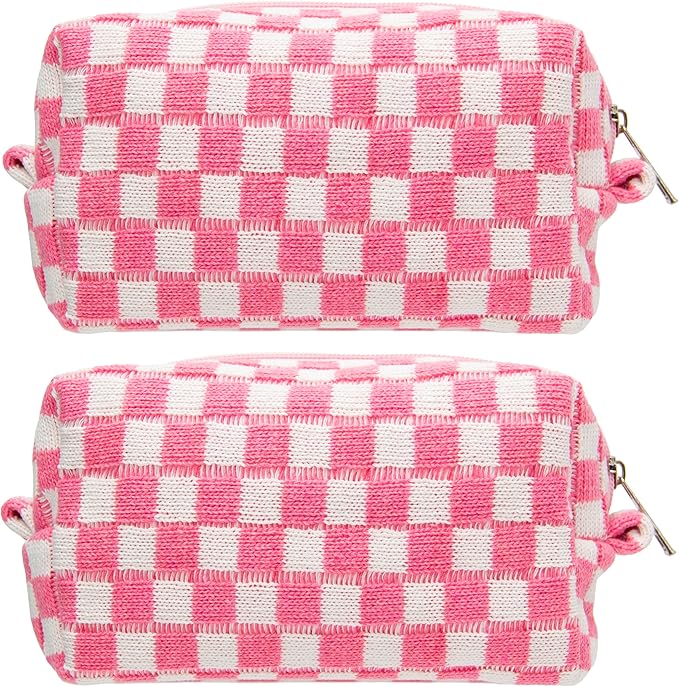 PAZIMIIK Checkered Makeup Bag for Purse Portable Zipper Make Up Pouch Small Cosmetic Case for Travel Accessories (2PCS Pink)