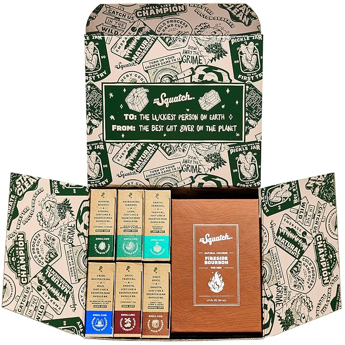 Dr. Squatch 2024 Holiday Bundle - Men's Natural 6 Soap and 1 Cologne Gift Set - Cold Process Soap with No Harsh Chemicals + Natural Cologne Made With Sustainably-Sourced Ingredients