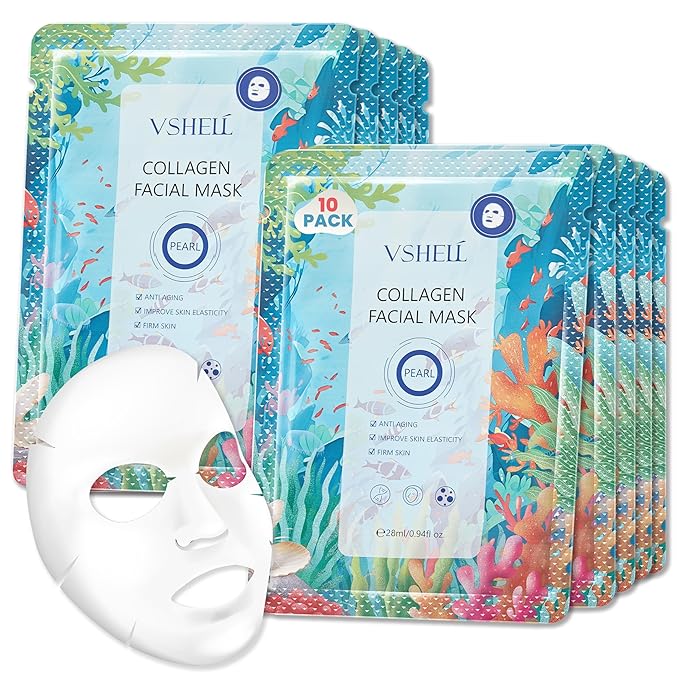 Collagen Anti-Aging Face Sheet Mask, Set of 10 – Firming & Hydrating Skincare with Hyaluronic Acid – Moisturising Repair Treatment for Sensitive Skin – Holiday-Ready Glow for Women & Men