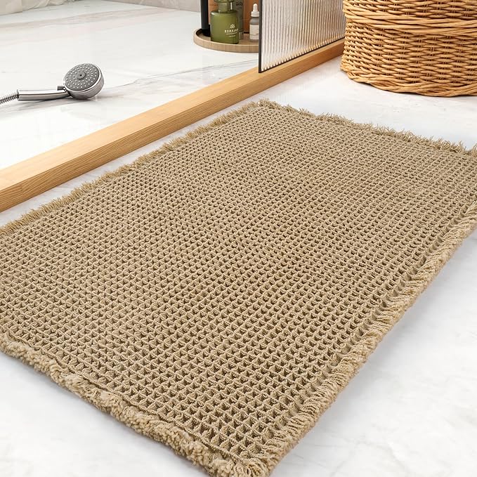tchdio Waffle Bath Mat Rug, Super Absorbent Non Slip Bath Mats for Bathroom Mat Ultra Soft Bathmat Machine Washable Bathroom Rugs with Tassels, Bath Rugs Beside Tub, 24" x 36"