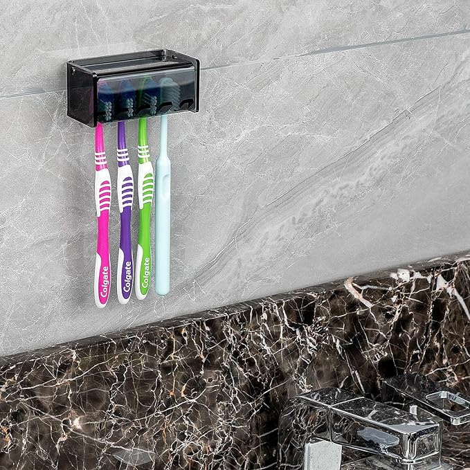 Toothbrush Holder Wall Mounted with Cover for Bathroom, 4 Slots Toothbrush Storage Organizer for Shower, Self Adhesive Toothbrush Hanger Rack for Dorm, Cabinet (Gray Clear)