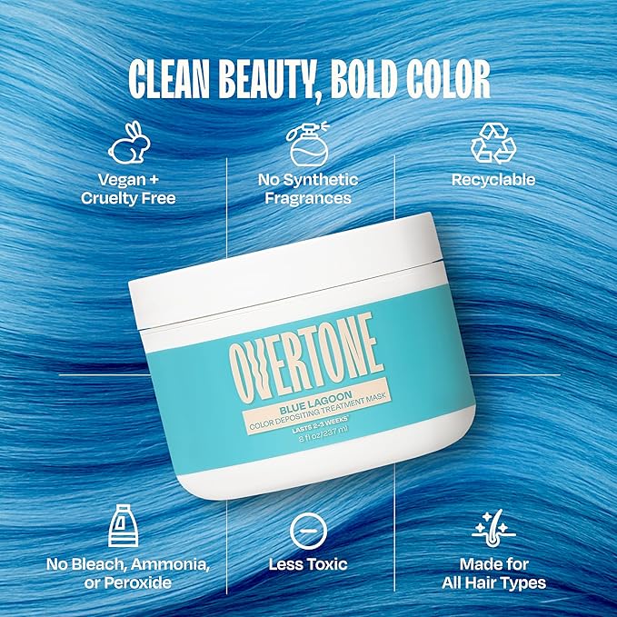 Overtone Semi Permanent Hair Color Conditioner, Blue Lagoon, 8 oz, Nourishing, Damage-Free, Color Depositing Mask for All Hair Types with Shea Butter & Coconut Oil, Vegan & Cruelty-Free