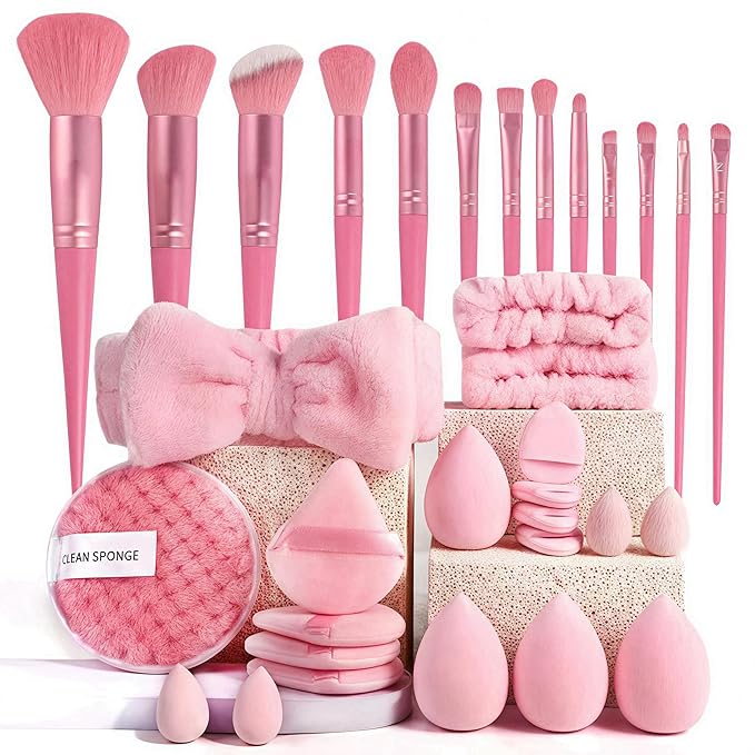 Makeup Brush Set 33 Pcs Makeup Tool Set Premium Synthetic Foundation Powder Concealers Eye shadows Blush Makeup Brushes (Pink, 33 Piece Set)