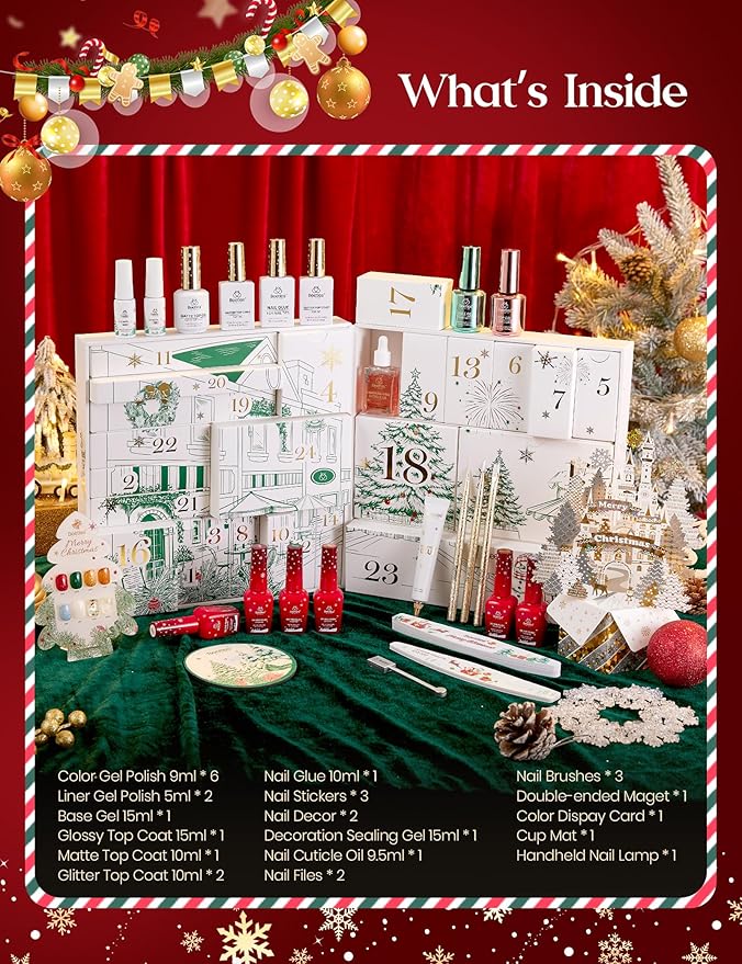 beetles Gel Polish Merry Glitzmas 2025 Christmas Advent Calendar – 24 Days Christmas Countdown Nail Art Set with Mini LED Nail Lamp Base Top Coat and Festive Holiday Surprises Gifts for Women Girls