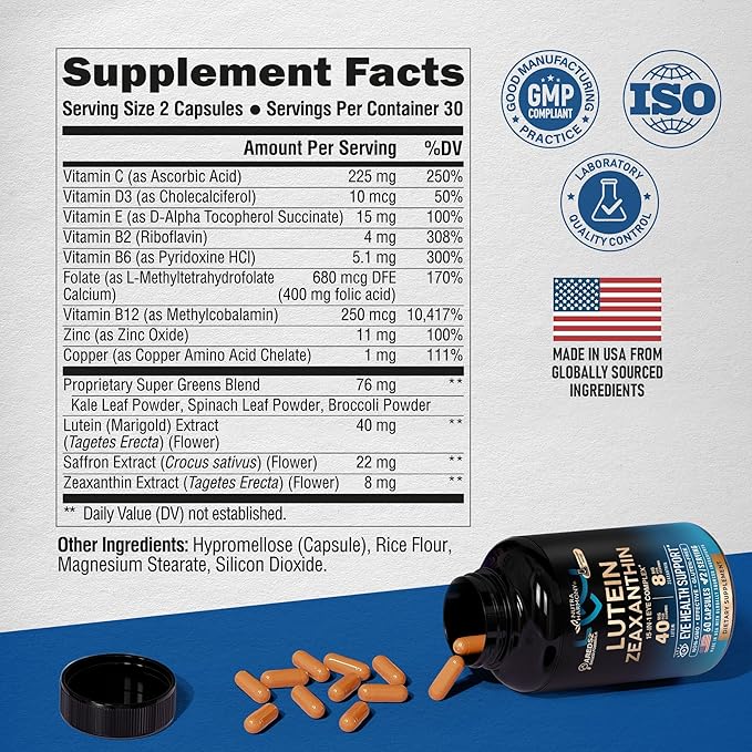 Eye Vitamins - Lutein and Zeaxanthin Supplements - AREDS2 Based Supplement for Seniors & Adults - Eye Health & Vision Support - Saffron, Zinc, Vitamins, Copper, Super Greens - Made in USA, 60 Capsules