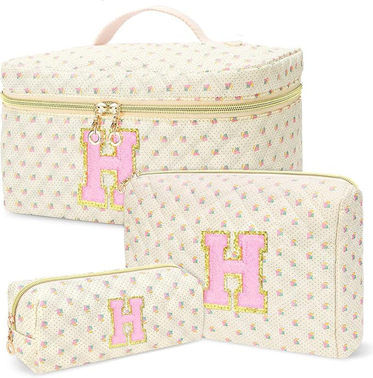 3 PCS Travel Makeup Bag Set,A-Z Initials Cotton Make up Bag Floral Quilted Cosmetic Bag for Girls and Women,Personalized Christmas Gifts,Cute Toiletry Travel Accessories Brushes Bags-H