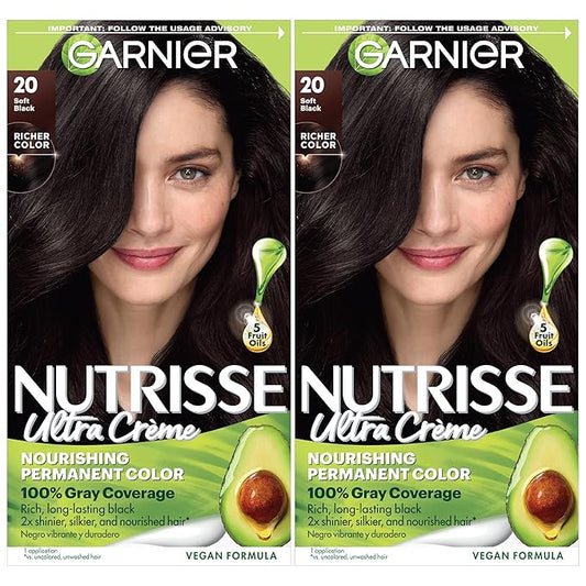 Garnier Hair Color Nutrisse Nourishing Creme, 20 Soft Black (Black Tea) Permanent Hair Dye, 2 Count (Packaging May Vary)