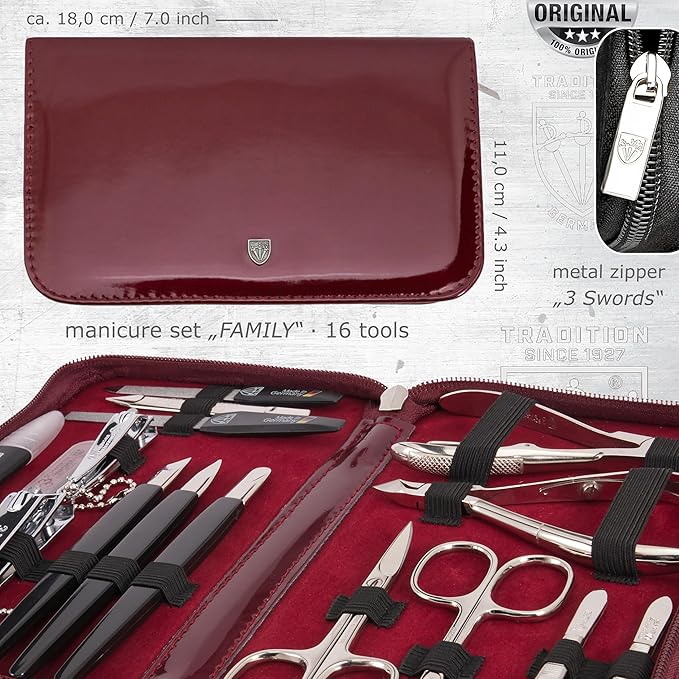 3 Swords Germany - brand quality 16 piece manicure pedicure grooming kit set for professional finger & toe nail care scissors clipper synthetic leather case in gift box, Made in Germany