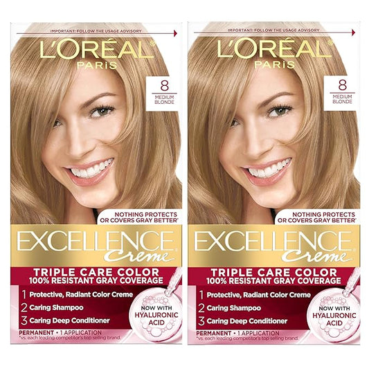 L'Oreal Paris Excellence Crème Permanent Hair Dye, Triple Care Hair Color with Pro-Keratine Complex for 100% Gray Hair Coverage, 8 Medium Blonde, 1 Kit (Pack of 2)