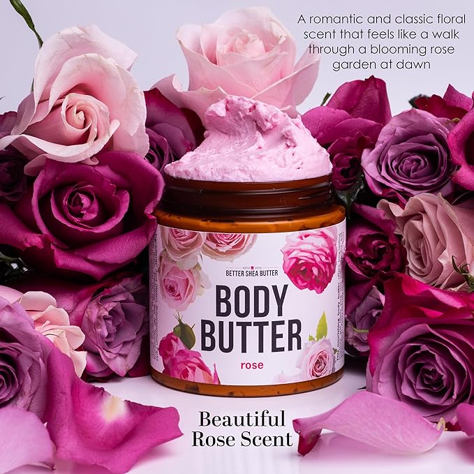 Rose Body Butter for Dry Skin with Whipped Shea Butter and Pure Essential Oil | Ultra Hydrating Rose Lotion for Women | All Natural Moisturizer for Dry Skin