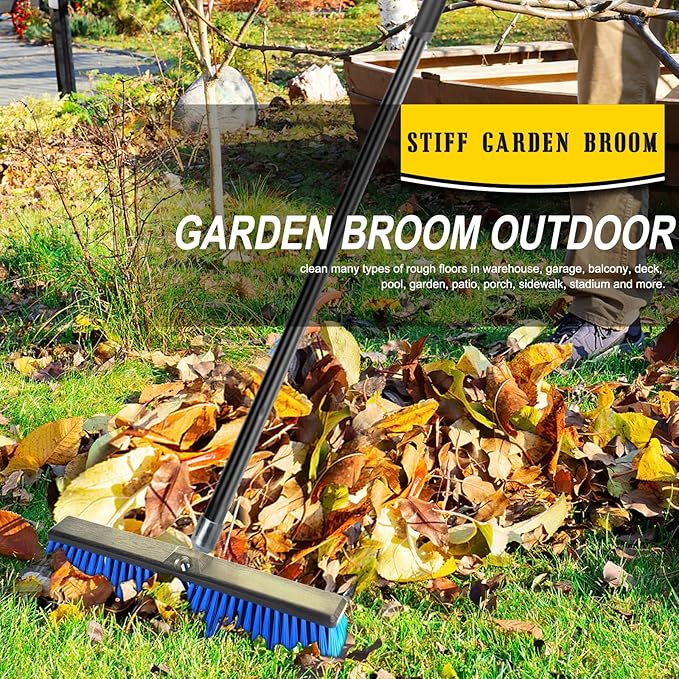 18 Inches Outdoor Push Broom Heavy Duty Shop Broom with 63" Long Handle for Deck Driveway Garage Yard Patio Concrete Floor Cleaning(Blue)