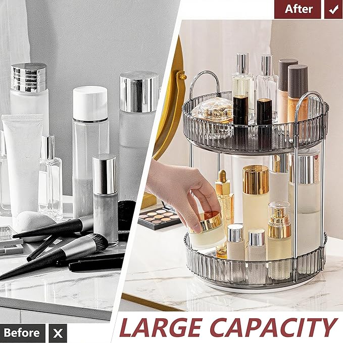 360° Rotating Makeup Organizer, Bathroom Make Up Spinning Holder Rack, Large Capacity Cosmetics Storage Vanity Shelf Countertop, Fits Cosmetics, Perfume, Skincare, Lipsticks(2 Tiers, Gray)
