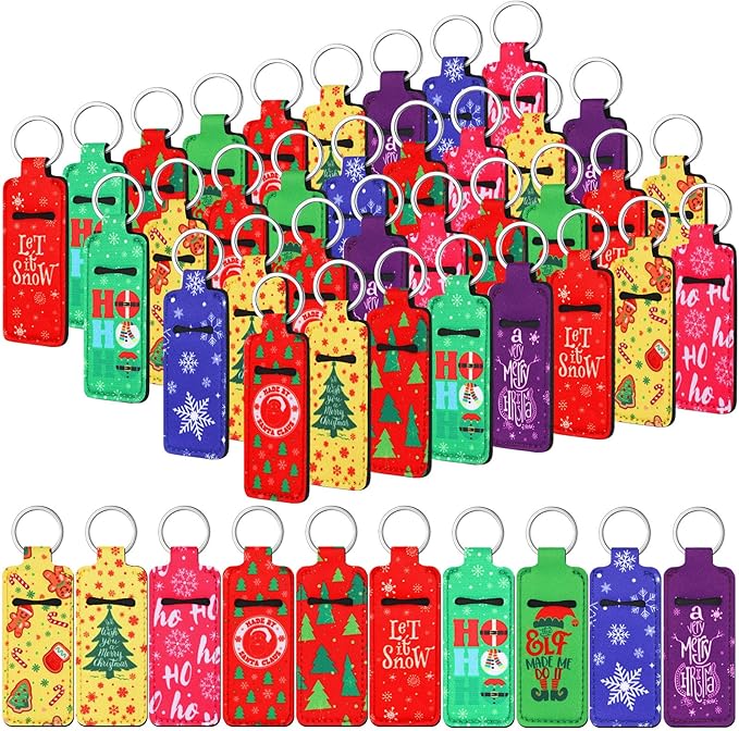 50 Pcs Christmas Lip Balm Holders Bulk Christmas Lipstick Lip Gloss Holder Keychain Xmas Stocking Stuffers Gift Women
