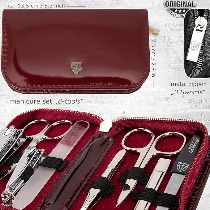 3 Swords Germany - brand quality 8 piece manicure pedicure grooming kit set synthetic leather case shiny burgundy - Made in Germany