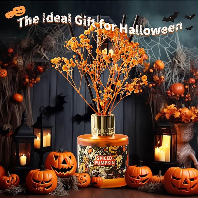 Airkeep Reed Diffuser Set,3.38 fl oz (100 ml) - Spiced Pumpkin Oil Diffusers with 8 Reed Sticks, Home Fragrance Reed Diffuser for Bathroom Shelf Decor