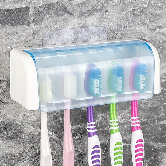 5 Slots Wall Mount Toothbrush Holder with Cover, Self Adhesive Toothbrush Storage Organizer for Shower, Toothbrush Hanger for Bathroom, Medicine Cabinet, Dorm(White + Blue)