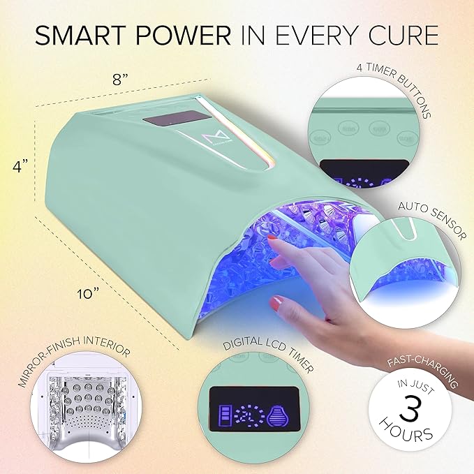M - Crystal Cure 128W UV/LED Nail Lamp | Fast Curing with 45 Powerful 365nm+405nm LEDs | Cordless, Rechargeable, Auto Sensor | Professional Gel Nail Dryer for Manicures & Pedicures (Teal)