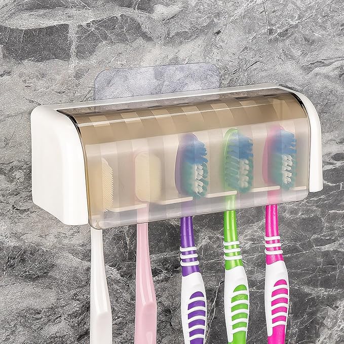5 Slots Wall Mount Toothbrush Holder with Cover, Self Adhesive Toothbrush Storage Organizer for Shower, Toothbrush Hanger for Bathroom, Medicine Cabinet, Dorm(White + Grey)