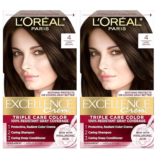 L'Oreal Paris Excellence Crème Permanent Hair Dye, Triple Care Hair Color with Pro-Keratine Complex for 100% Gray Hair Coverage, 4 Dark Brown, 1 Kit (Pack of 2)