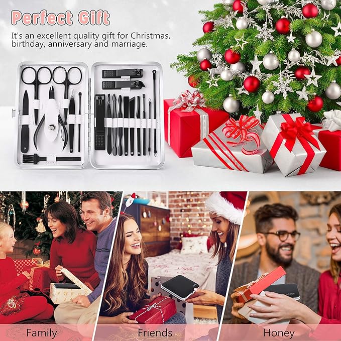 Manicure Set, Jubolion 19pcs Stainless Steel Professional Nail Clippers Pedicure Set with Black Leather Storage Case, Portable Grooming Kit for Travel or Home, Perfect Gifts Women and Men (Black)