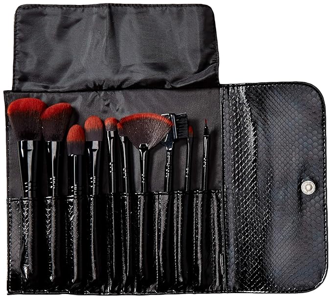 BellaTerra Cosmetics 10-Piece Makeup Brush Set – Travel Compact Vegan & Cruelty-Free Tools with Soft Synthetic Bristles – Black Handle Brushes for Foundation, Powder, Blush, Eyeshadow, and Highlight