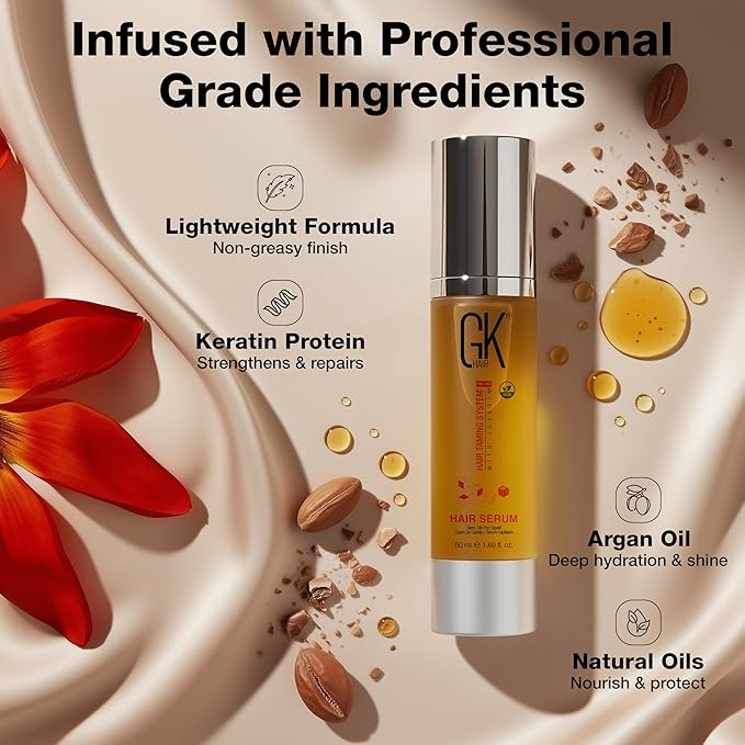 GK HAIR Oil - Argan Oil Heat Protectant Serum -Lightweight Hair Serum -Perfect For Keratin,Frizzy, Curly, Dry & Damaged ends-Adds Shine and Smooths,Paraben, Phthalate and Sulfate Free (1.69 oz)
